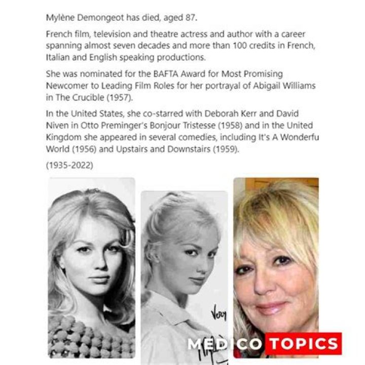 Mylene Demongeot Cause of Death, Age, Parents and Family